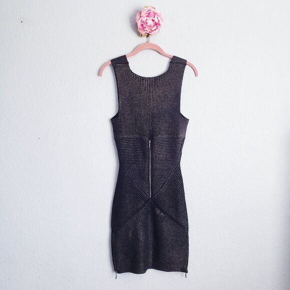 Mara Huffman Black‎ Metallic Knit Ribbed Bodycon Dress with Zipper Details - Picture 8 of 10